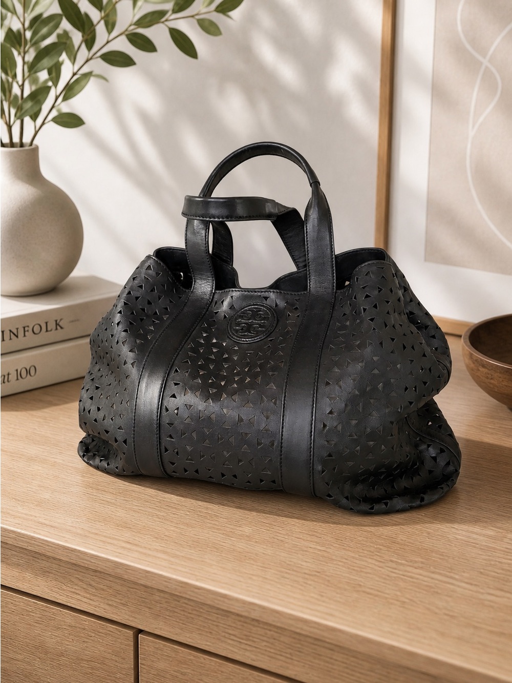 Tory Burch Monogram T Leather Laser-Cut Tote Bag